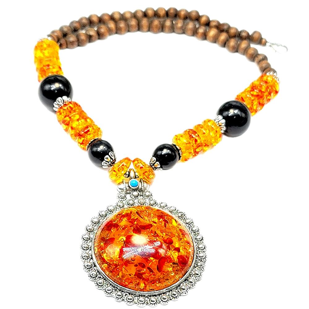 Vintage Chunky Resin Beaded Retro Statement Sun Fire Silvertone Necklace